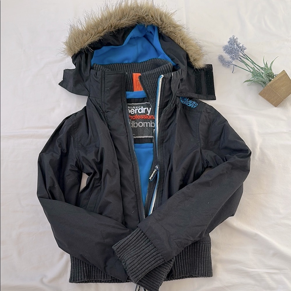 Superdry Jacket with Fur Hood, fleece lining, S, black, blue